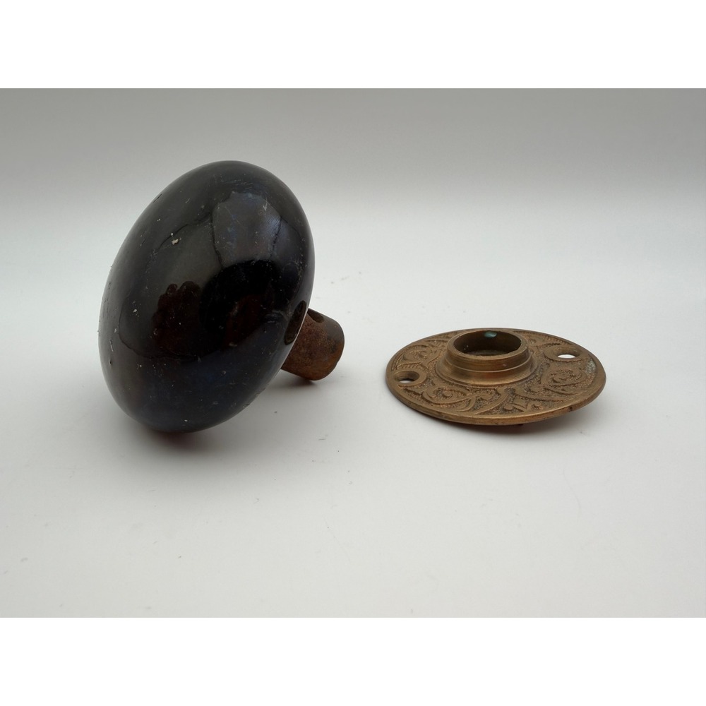 Antique Bennington Brown Glazed Pottery Door Knob Ornate Brass Rosette Backplate